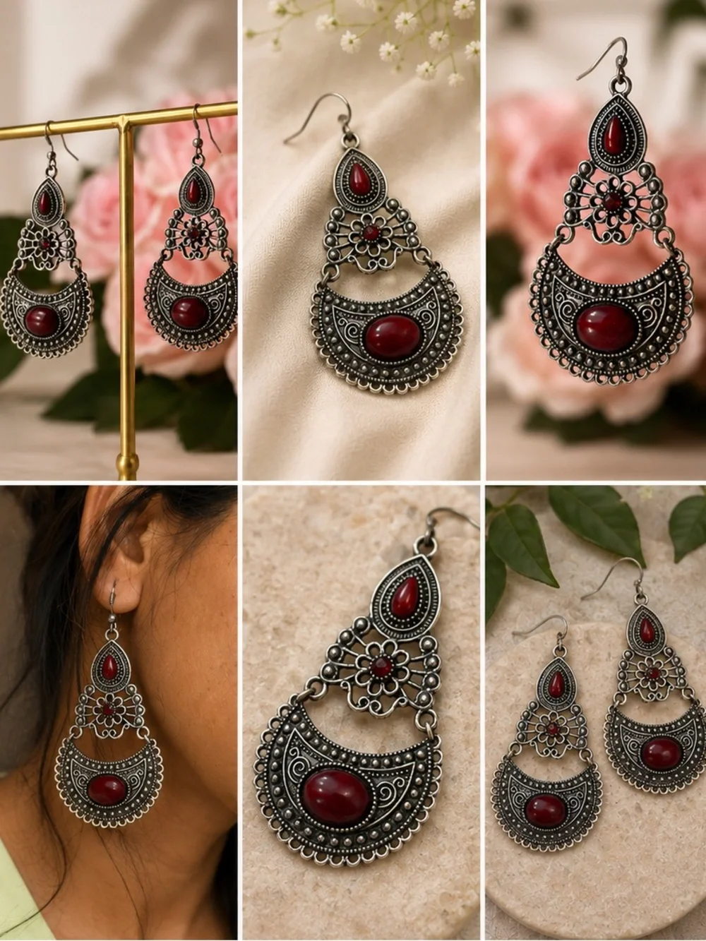 Handcrafted Indian Oxidized Silver Tone Red Stone Statement Earrings. Boho style